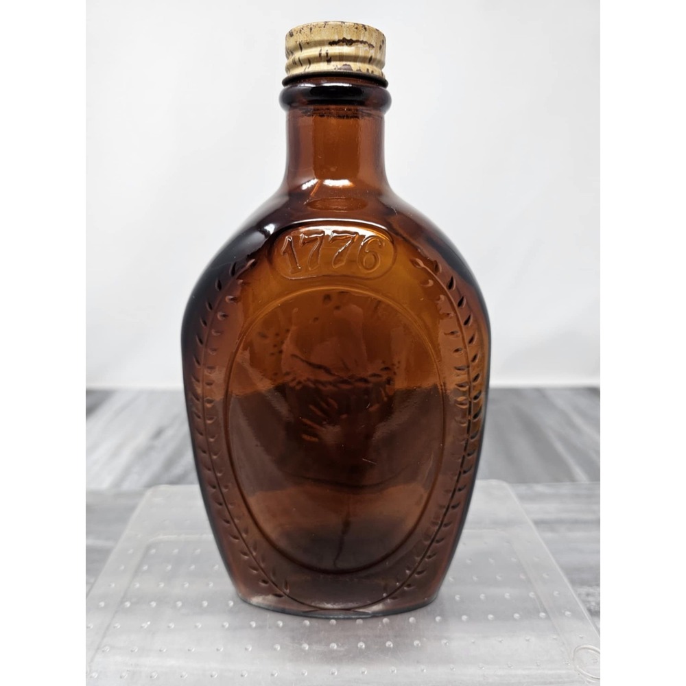 Vintage amber / Brown Glass Spirit Of 1776 Log Cabin‎ Syrup Bottle Commemorative - Picture 2 of 5